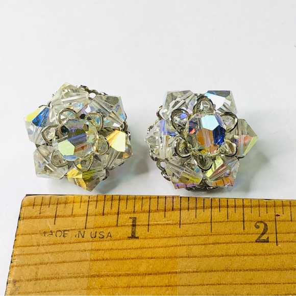 Vintage Pat Pend Signed AB Glass Crystal Clip on Earrings 1960s Silver Tone Base - Picture 6 of 8